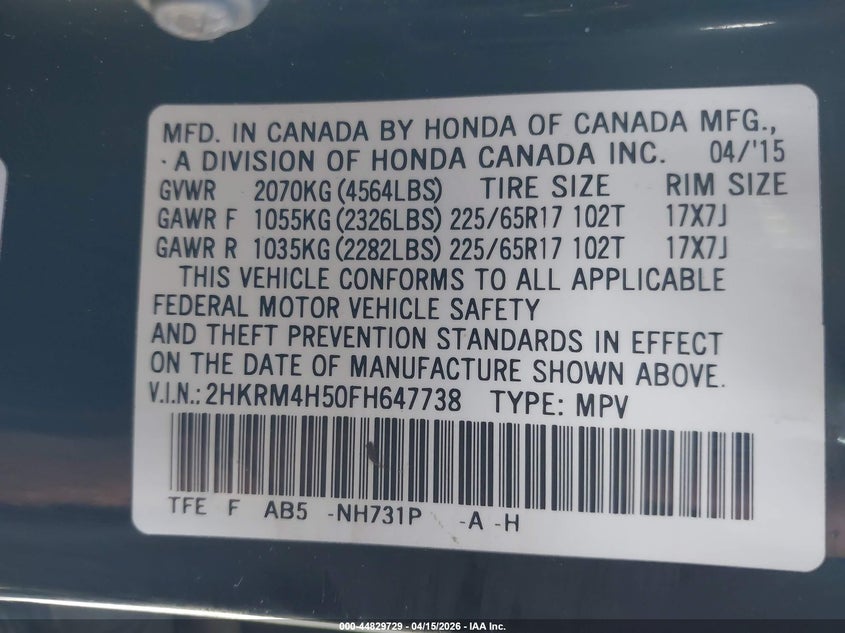 2015 Honda Cr-V Ex VIN: 2HKRM4H50FH647738 Lot: 44829729