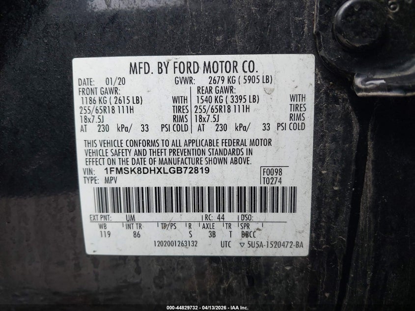 2020 Ford Explorer 2.3 Xlt Black Lot 111044829732 Vin 1FMSK8DHXLGB72819