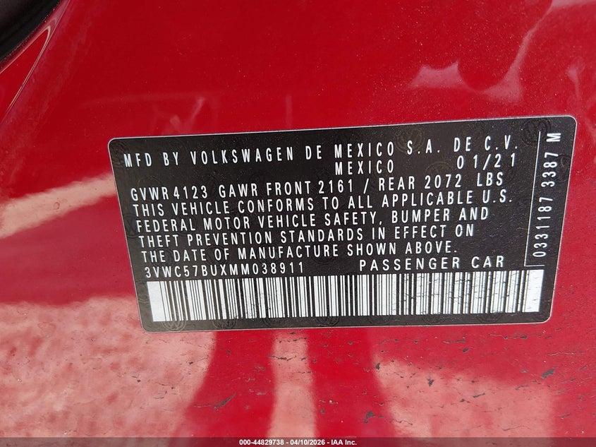 2021 Volkswagen Jetta 1.4T R-Line/1.4T S/1.4T Se VIN: 3VWC57BUXMM038911 Lot: 44829738