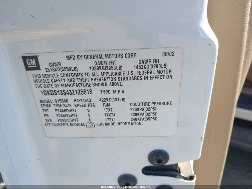 2003 GMC Envoy Slt VIN: 1GKDS13S432125613 Lot: 44829762