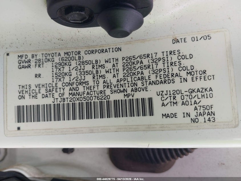 2005 Lexus Gx 470 VIN: JTJBT20X050076220 Lot: 44829775