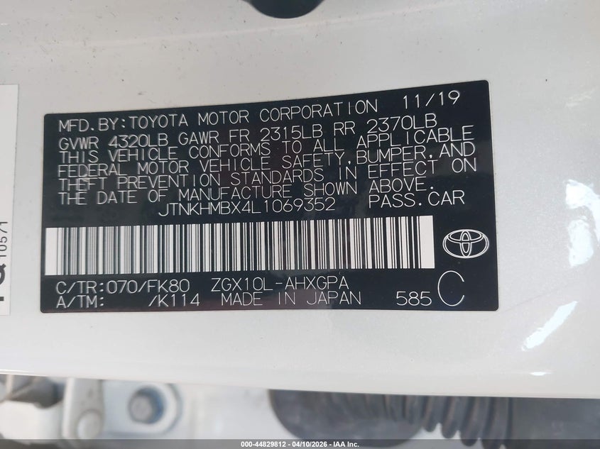 2020 Toyota C-Hr Xle VIN: JTNKHMBX4L1069352 Lot: 44829812