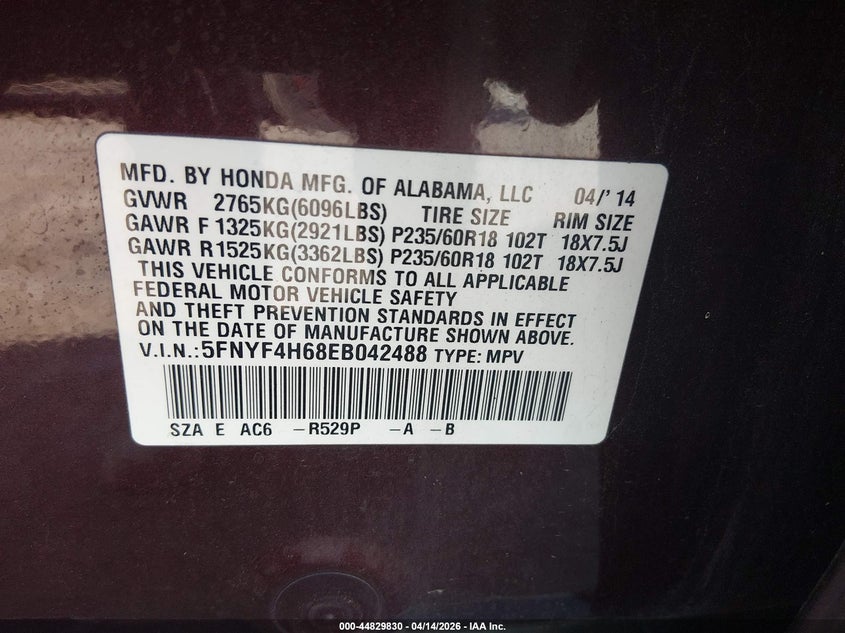 2014 Honda Pilot Ex-L VIN: 5FNYF4H68EB042488 Lot: 44829830