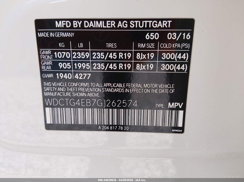 2016 Mercedes-Benz Gla 250 VIN: WDCTG4EB7GJ262574 Lot: 44829836