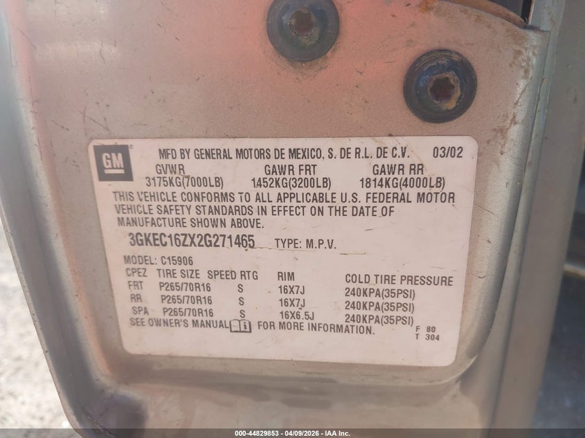 2002 GMC Yukon Xl 1500 Slt VIN: 3GKEC16ZX2G271465 Lot: 44829853