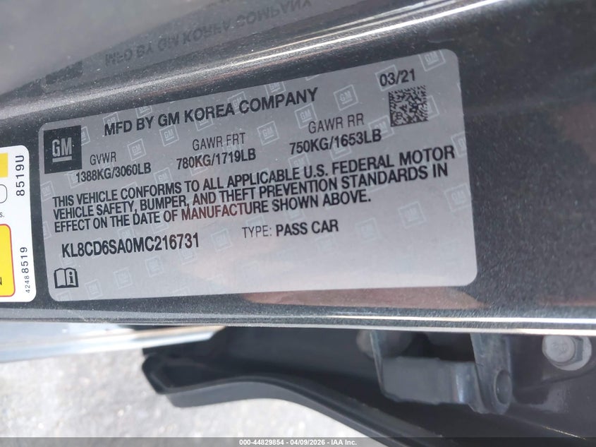 2021 Chevrolet Spark Fwd 1Lt Automatic VIN: KL8CD6SA0MC216731 Lot: 44829854