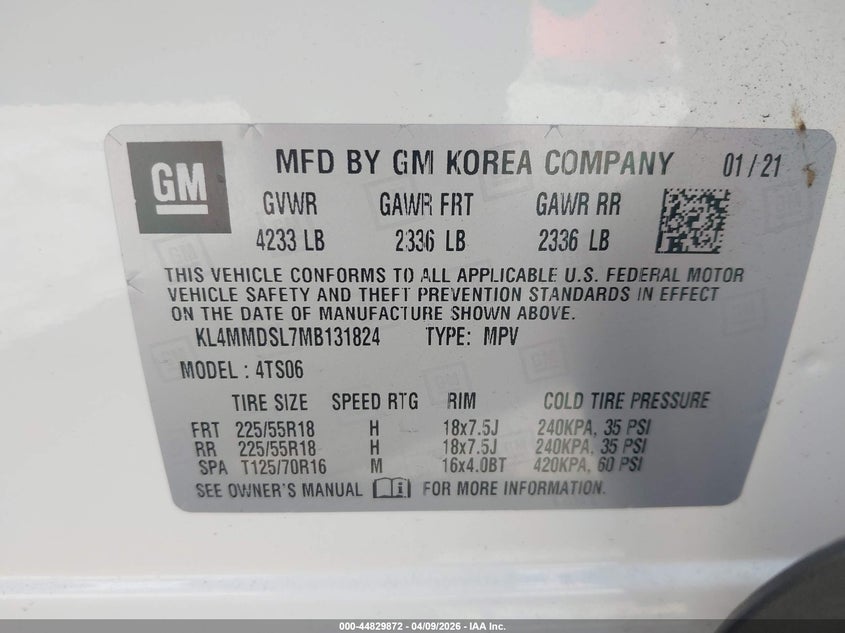 2021 Buick Encore Gx Fwd Select VIN: KL4MMDSL7MB131824 Lot: 44829872
