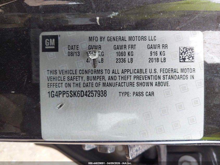 2013 Buick Verano VIN: 1G4PP5SK6D4257938 Lot: 44829891