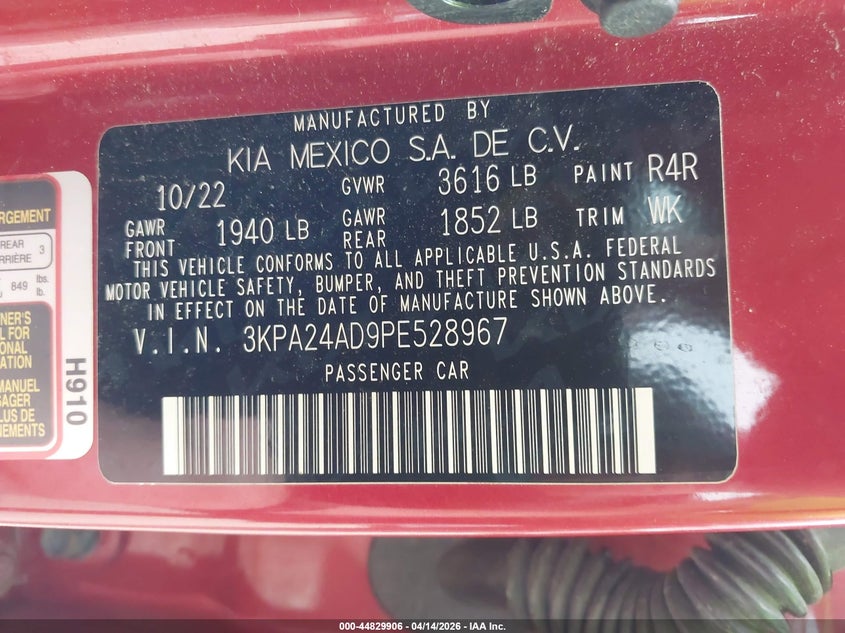 2023 Kia Rio S VIN: 3KPA24AD9PE528967 Lot: 44829906