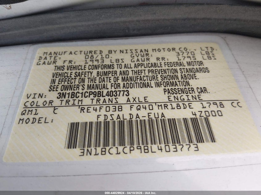 2011 Nissan Versa 1.8S VIN: 3N1BC1CP9BL403773 Lot: 44829924