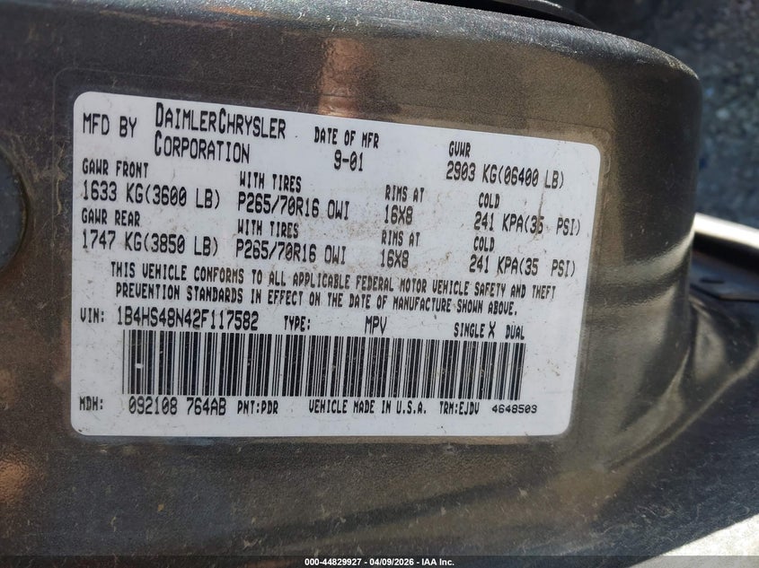 2002 Dodge Durango Slt VIN: 1B4HS48N42F117582 Lot: 44829927