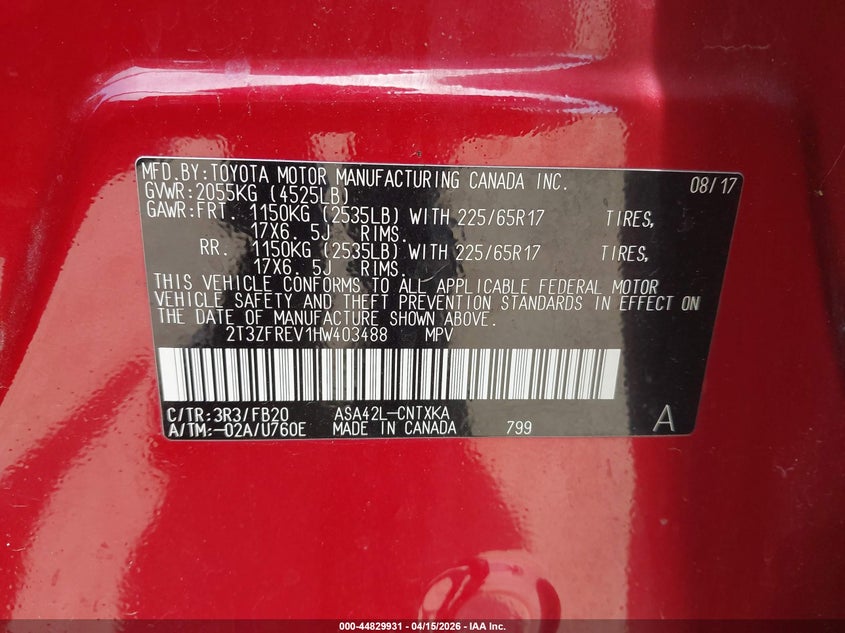 2017 Toyota Rav4 Le VIN: 2T3ZFREV1HW403488 Lot: 44829931