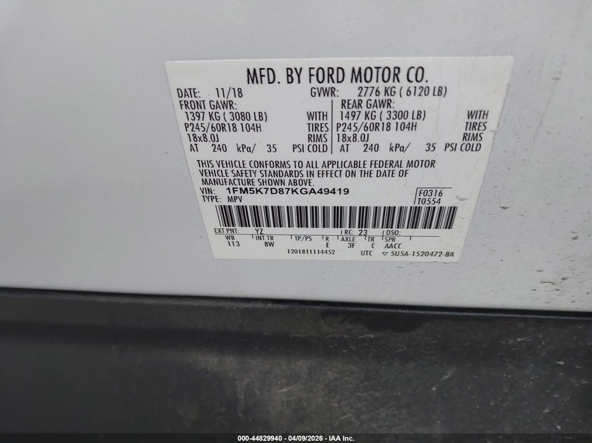 2019 Ford Explorer 3.5 Xlt white Lot 111044829940 Vin 1FM5K7D87KGA49419