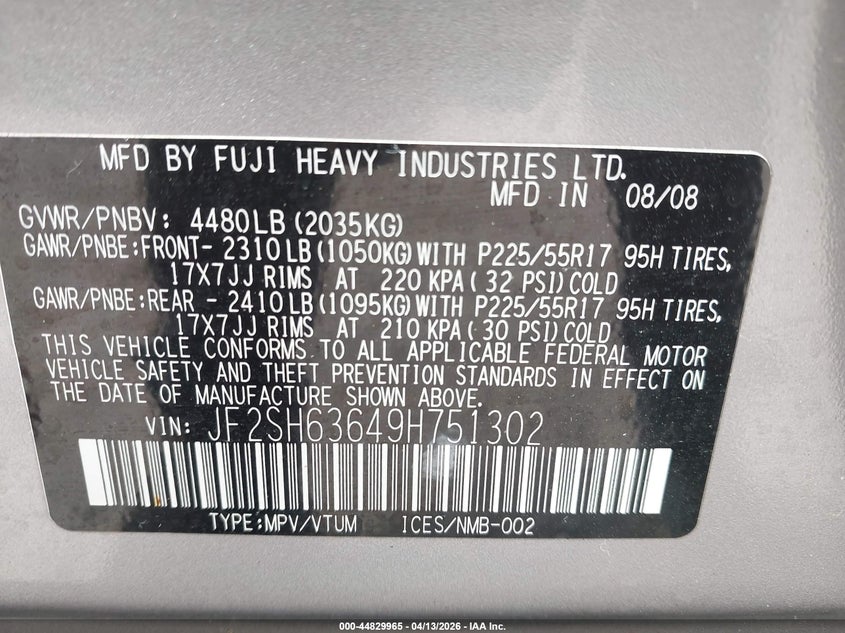 2009 Subaru Forester 2.5X VIN: JF2SH63649H751302 Lot: 44829965