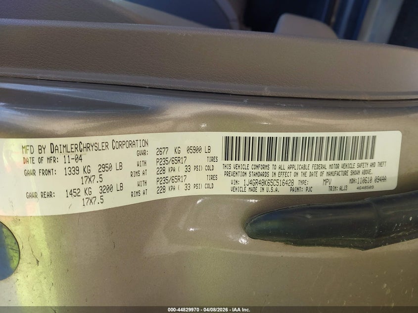 2005 Jeep Grand Cherokee Laredo VIN: 1J4GR48K65C516428 Lot: 44829970