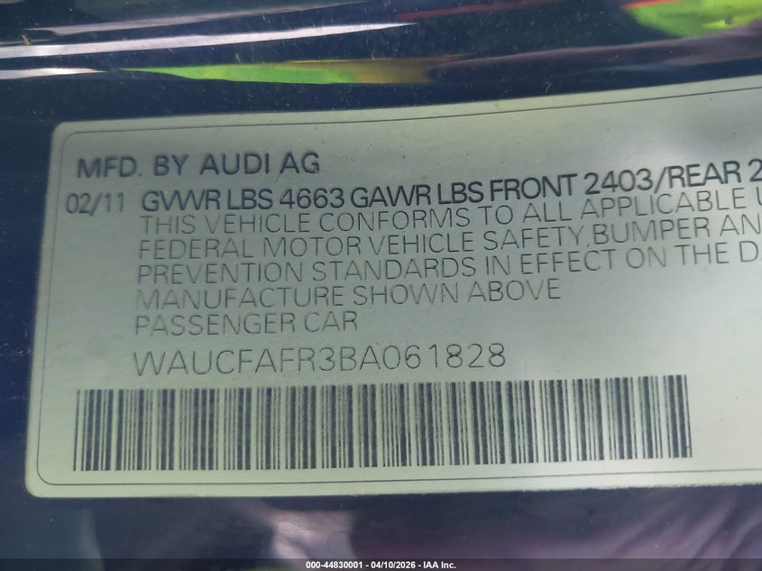2011 Audi A5 2.0T Premium VIN: WAUCFAFR3BA061828 Lot: 44830001