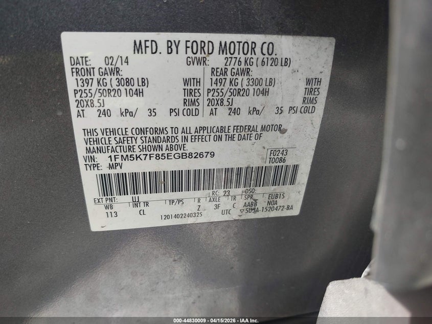 2014 Ford Explorer Limited VIN: 1FM5K7F85EGB82679 Lot: 44830009