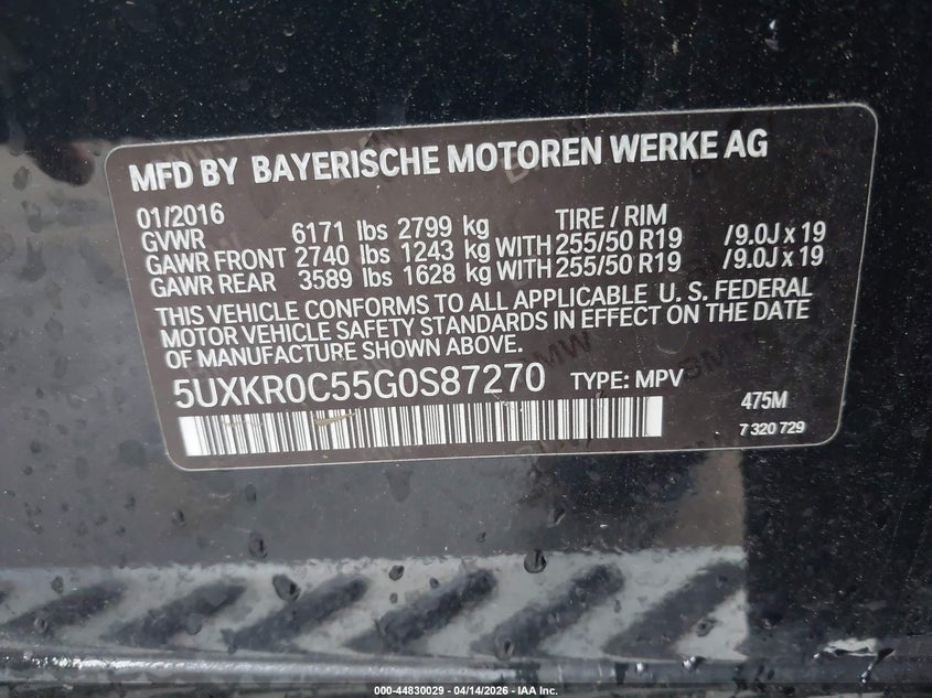 2016 BMW X5 xDrive35I VIN: 5UXKR0C55G0S87270 Lot: 44830029