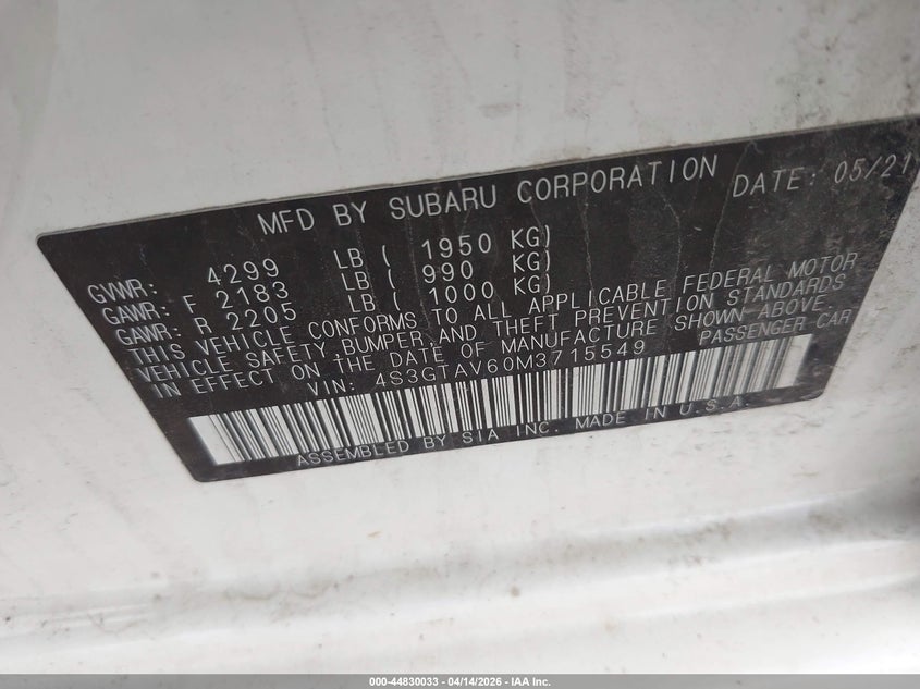 2021 Subaru Impreza Premium 5-Door VIN: 4S3GTAV60M3715549 Lot: 44830033
