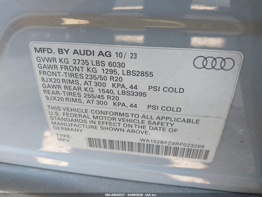 AUDI Q4 SPORTBACK E-TRON 2024 VIN WA132BFZ9RP023266