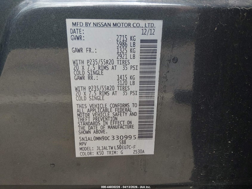 2013 Infiniti Jx35 VIN: 5N1AL0MN9DC330995 Lot: 44830228