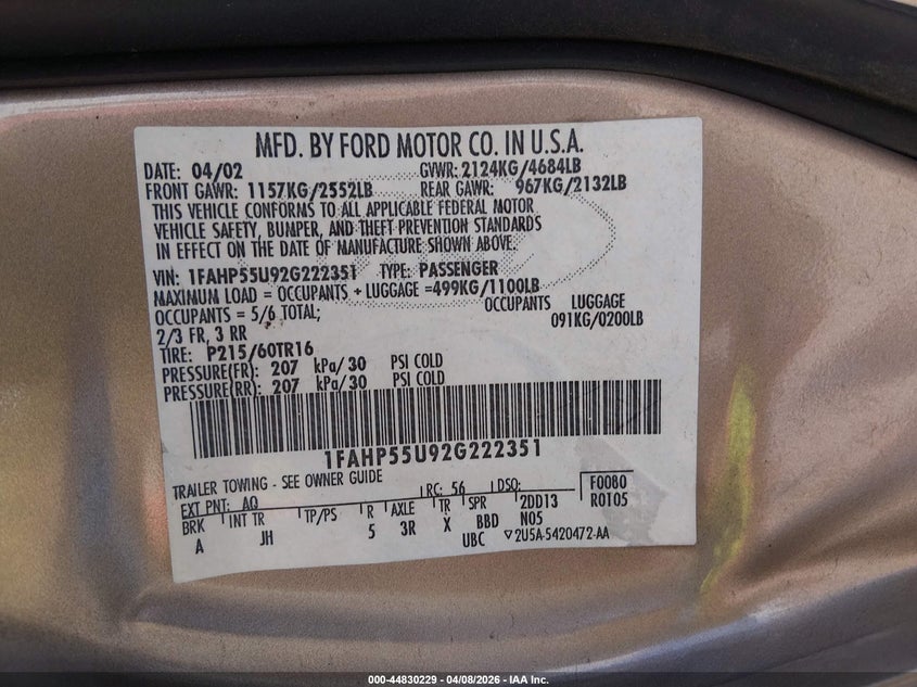 2002 Ford Taurus Ses VIN: 1FAHP55U92G222351 Lot: 44830229