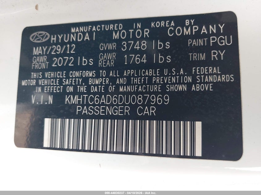 2013 Hyundai Veloster Base W/Black VIN: KMHTC6AD6DU087969 Lot: 44830237