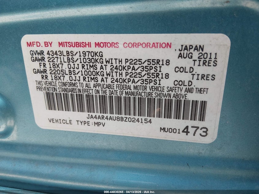 2011 Mitsubishi Outlander Sport Se VIN: JA4AR4AU8BZ024154 Lot: 44830265