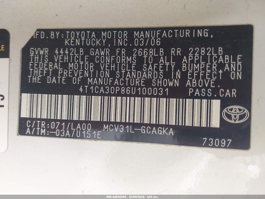 2006 Toyota Camry Solara Sle V6 VIN: 4T1CA30P86U100031 Lot: 44830298