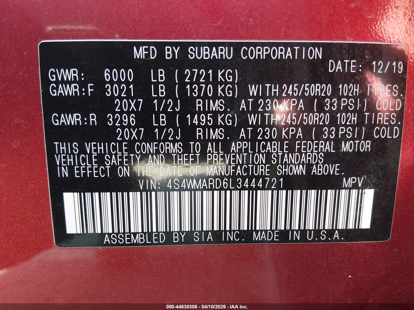 2020 Subaru Ascent Touring VIN: 4S4WMARD6L3444721 Lot: 44830306