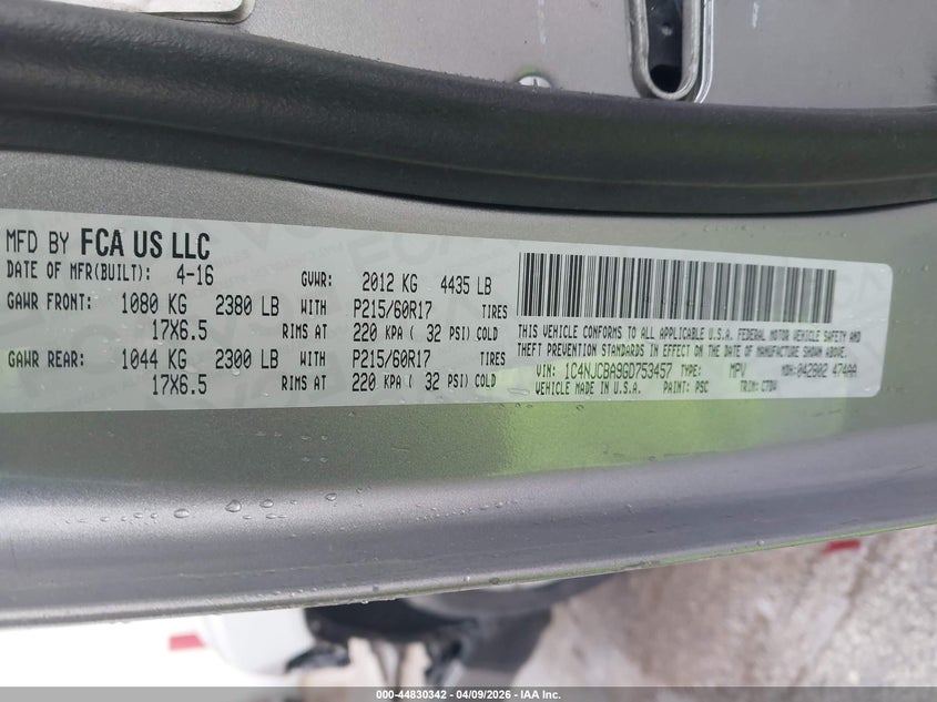 2016 Jeep Compass Sport VIN: 1C4NJCBA9GD753457 Lot: 44830342