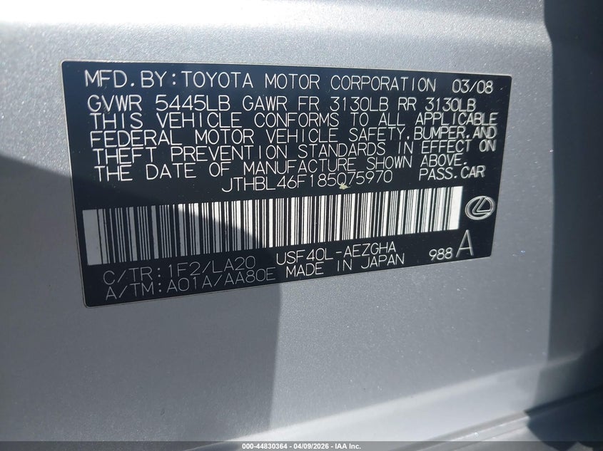 2008 Lexus Ls 460 VIN: JTHBL46F185075970 Lot: 44830364
