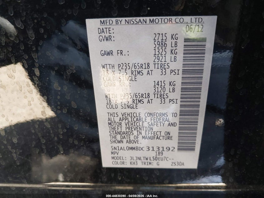 2013 Infiniti Jx35 VIN: 5N1AL0MM8DC313192 Lot: 44830390