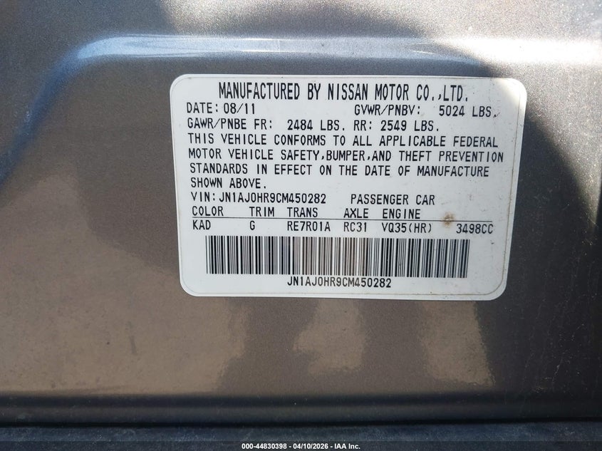 2012 Infiniti Ex35 Journey VIN: JN1AJ0HR9CM450282 Lot: 44830398