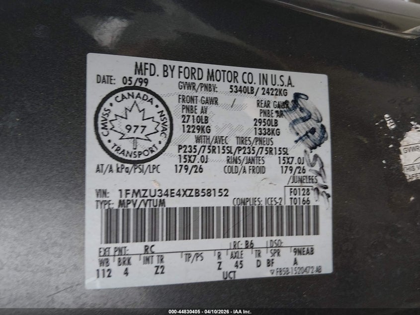 1999 Ford Explorer Eddie Bauer/Limited/Xlt VIN: 1FMZU34E4XZB58152 Lot: 44830405