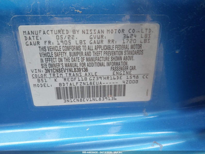 2022 Nissan Versa 1.6 Sv Xtronic Cvt VIN: 3N1CN8EV1NL839136 Lot: 44830430