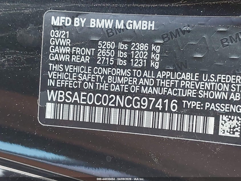 2022 BMW M8 Competition VIN: WBSAE0C02NCG97416 Lot: 44830454