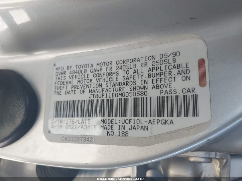 1991 Lexus Ls 400 VIN: JT8UF11E0M0050580 Lot: 44830488