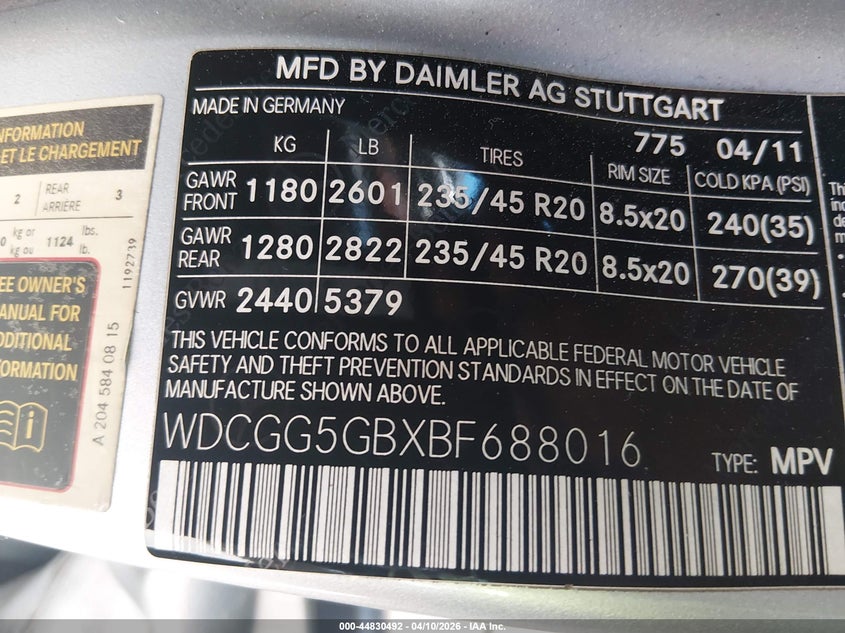 2011 Mercedes-Benz Glk 350 VIN: WDCGG5GBXBF688016 Lot: 44830492