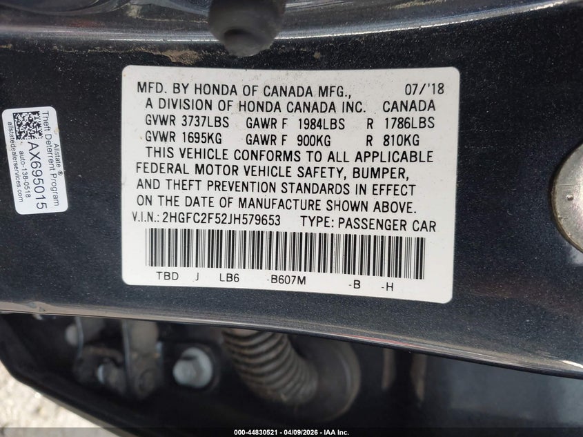 2018 Honda Civic 2.0 Lx grey Lot 111044830521 Vin 2HGFC2F52JH579653