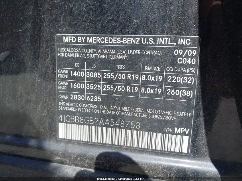 2010 Mercedes-Benz Ml 350 4Matic VIN: 4JGBB8GB2AA548758 Lot: 44830563