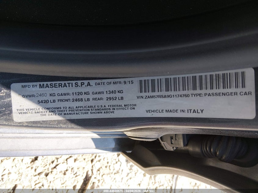 2016 Maserati Ghibli S VIN: ZAM57RSA9G1174760 Lot: 44830570