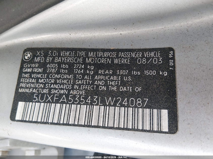 2003 BMW X5 3.0I VIN: 5UXFA53543LW24087 Lot: 44830589