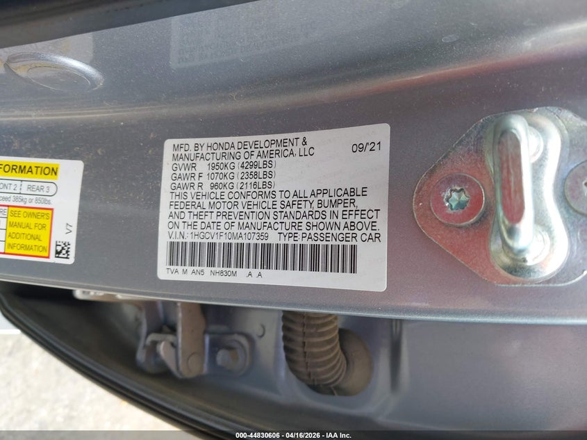 VIN 1HGCV1F10MA107359 2021 HONDA ACCORD LX
