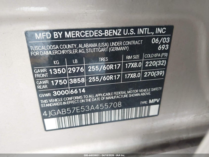 2003 Mercedes-Benz Ml 350 VIN: 4JGAB57E53A455708 Lot: 44830631