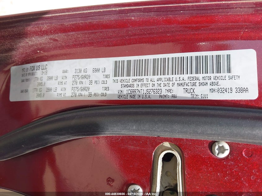 2018 Ram 1500 Laramie 4X4 5'7 Box VIN: 1C6RR7NT1JS276323 Lot: 44830656