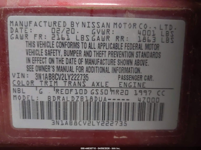 2020 Nissan Sentra Sv Xtronic Cvt VIN: 3N1AB8CV2LY222735 Lot: 44830710