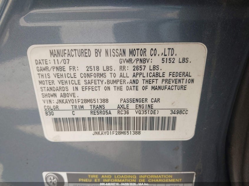 2008 Infiniti M35X VIN: JNKAY01F28M651388 Lot: 44830718