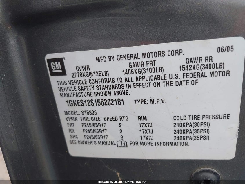 2005 GMC Envoy Xuv Sle VIN: 1GKES12S156202181 Lot: 44830728