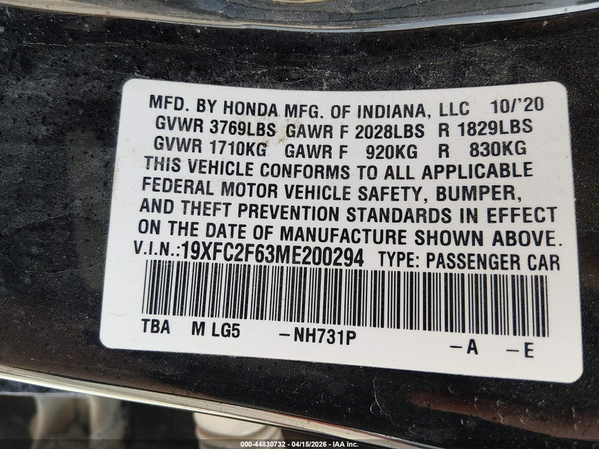 2021 Honda Civic 2.0 Lx black Lot 111044830732 Vin 19XFC2F63ME200294